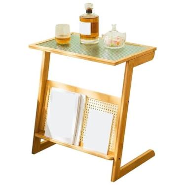 Imagem de HGTRH Mesa de extremidade, mesa lateral de bambu com base de suporte em forma de Z, suporte de bambu de vidro temperado, rolamento de carga, 10 kg, mesa lateral de sofá estável e sem balanço, para