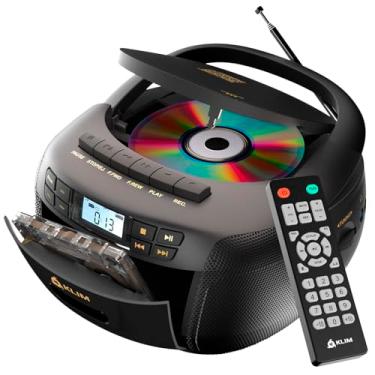 Imagem de KLIM Leitor de CD e fita cassete, Bluetooth Boombox, rádio AM/FM, som estéreo, controle remoto, combo de CD e cassete, gravação em fita, unidade USB, AUX, alimentação AC/DC - preto/dourado