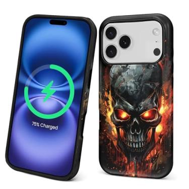 Imagem de Punmada Capa para iPhone 17 Pro para MagSafe, capa rígida híbrida à prova de choque de silicone para iPhone 17 Pro Cool Black Skull Flame Pattern