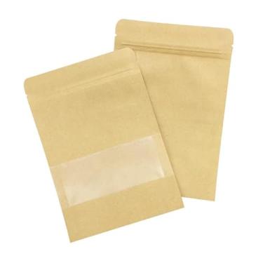 Imagem de 50 peças de sacos de papel, papel kraft com tira de vedação | Saco de armazenamento de alimentos em pé, reutilizável, adequado para grãos, joias, doces, etc. - 8,5 cm x 14 cm