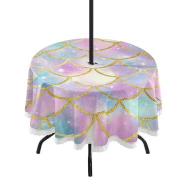 Imagem de CEBUGI Toalha de mesa redonda para uso ao ar livre, escala, padrão brilhante, impermeável, com furo Umberlla, capa de mesa lavável para pátio, cozinha, sala de jantar, 152 cm