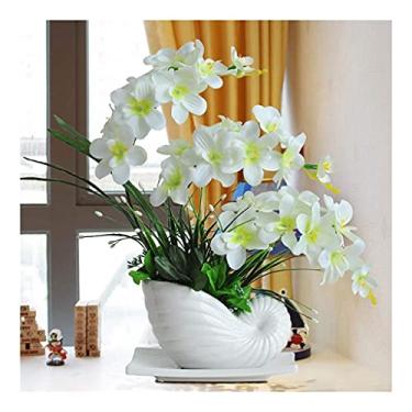 Imagem de LMJYU Flor de seda moderna com vaso de caracóis de porcelana, Phalaenopsis vaso de flores artificiais orquídeas buquê de flores falsas