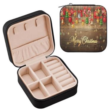 Imagem de Wassud Estojo de joias de viagem com fundo de Natal alegre para mulheres, meninas, senhoras, noiva, mini organizador de joias de couro PU, caixa quadrada de armazenamento de joias para brincos, anéis
