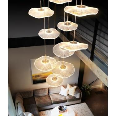 Imagem de Lustre de teto alto - Luminária pendente moderna dourada em espiral longa com 24 lâmpadas LED, luxuosa e regulável, em formato de folha de lótus, ideal para hall de entrada, escada e casas d