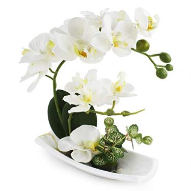 Imagem de LMJYU Flores de orquídea brancas artificiais em vaso de porcelana - Arranjo interno falso realista com planta de seda para mesa central ou decoração de banheiro