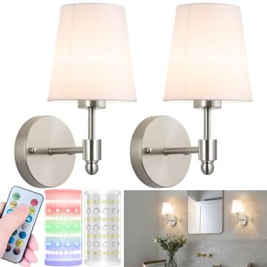 Imagem de Conjunto de 2 arandelas de parede operadas por bateria, luz de parede de bateria sem fio com lâmpada magnética recarregável RGB de 10.000 mAh, arandela de parede recarregável com controle remoto para