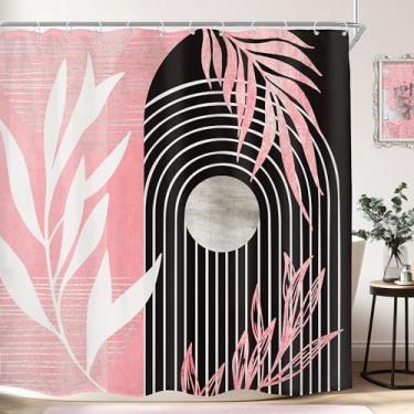 Imagem de KOMLLEX Cortina de chuveiro Boho rosa preta para decoração de banheiro 182 cm L x 182 cm altura boêmio abstrato minimalista folhas de palmeira planta tecido botânico poliéster impermeável pacote com