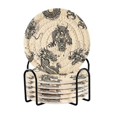 Imagem de SEHANY Porta-copos vintage dragão conjunto de 6 com suporte, porta-copos redondos absorventes de algodão resistente ao calor para mesa de jantar, canecas de café, 10 cm
