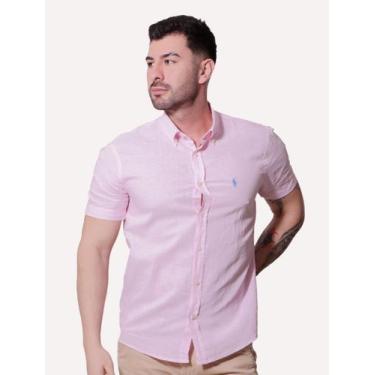 Imagem de Camisa Ralph Lauren Masculina Manga Curta Linho Blue Icon Rosa Claro M