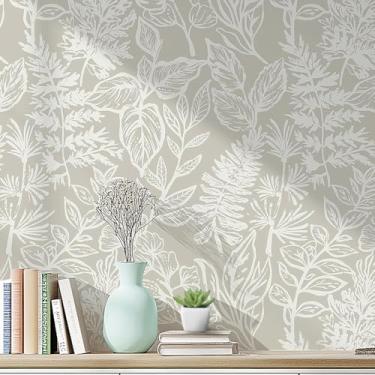Imagem de Safiyya Papel de parede de contato com folhas florais bege e branco, descasque e cole 44 x 998 cm, papel de parede autoadesivo removível para quarto, banheiro, rolo de vinil