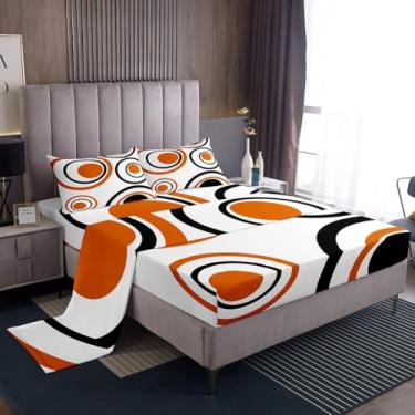 Imagem de Erosebridal Jogo de lençol casal com círculos geométricos modernos e abstratos, laranja, arte boho, estética, listrado, minimalista, preto e branco