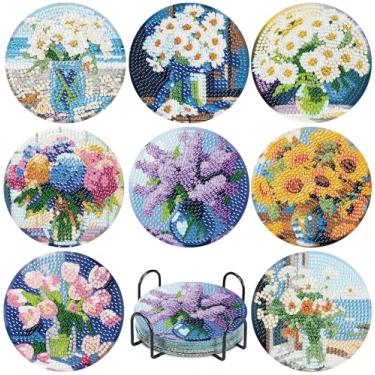 Imagem de Kits de porta-copos de arte de diamante de hortênsia para adultos, 8 peças de kits de porta-copos de pintura de diamante DIY com suporte e rolhas, porta-copos de tinta com diamantes, suprimentos de