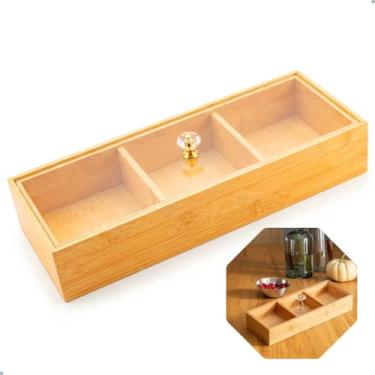 Imagem de Bambú Premium Organizador Multiuso Com 3 Divisórias, Caixa Porta Sachê Em MDF, Decorativo Para Cozinha E Escritório, 30,5 x 10,0 x 6,0 cm