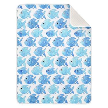 Imagem de Qilmy Cobertor de bebê azul em aquarela de peixe 76 x 101 cm, cobertor infantil de algodão macio para meninos e meninas, cobertor leve e quente para berço e carrinho de bebê recém-nascido