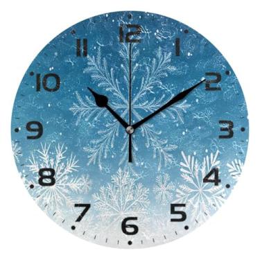 Imagem de JUZIHAI Relógio de parede azul com floco de neve de Natal, silencioso, redondo, sem tique-taque, operado por bateria, fácil de ler, relógio decorativo de parede para casa, cozinha, sala de estar