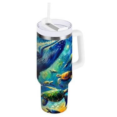 Imagem de ODAWA Garrafa de água isolada de tartarugas marinhas de baleia azul grande com alça e canudo, copos isolados de aço inoxidável com tampa 2 em 1