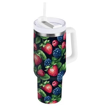 Imagem de ODAWA Copo grande com isolamento de parede dupla, folhas de bagas, copo isolado de aço azul escuro com alça e canudo