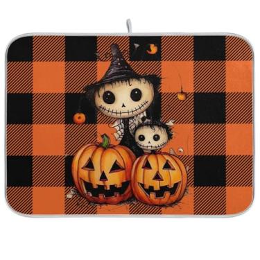 Imagem de Tapete de secagem de pratos de abóbora de Halloween xadrez laranja para balcão de cozinha, absorvente, almofada de escorredor de pratos de microfibra e protetor para bancadas de cozinha 40,6 cm x 45,7 cm