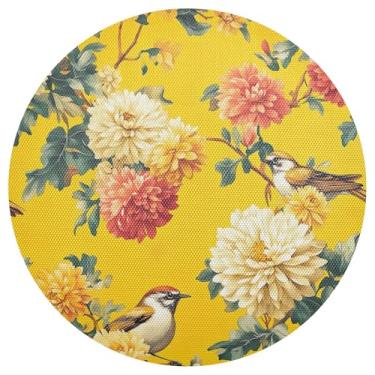 Imagem de Conjunto de 1 jogo americano redondo de PVC durável com flores de outono, pássaros de 38 cm, tapetes laváveis para sala de jantar