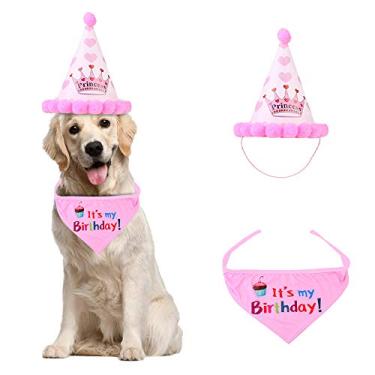 Imagem de Bandanas de Aniversário para Cães com Chapéu Cachorro Adorável Trajes Bonitos Fantasia Pet Festas Casamentos Reuniões Props Fotos Feitos Poliéster-Algodão e Papel Macio Confortável Gatos
