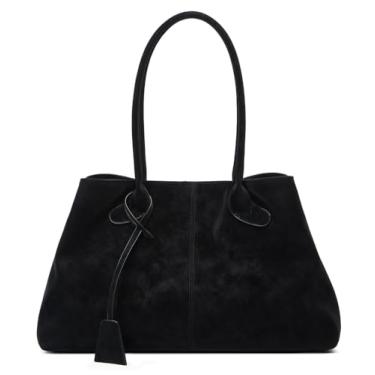 Imagem de Bolsa de ombro feminina de camurça sintética, grande, Hobo, alça de couro, bolsa leve magnética, casual, viagem, trabalho, Preto (PU)