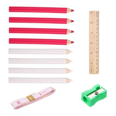 Imagem de 8pçs Lápis Tecido Costura, Branco e Rosa Marcador Tecido Solúvel Água Caneta Giz Alfaiate Lavável Ferramentas Marcação Traçado com Apontador Régua & Fita Métrica Flexível para Costureiras