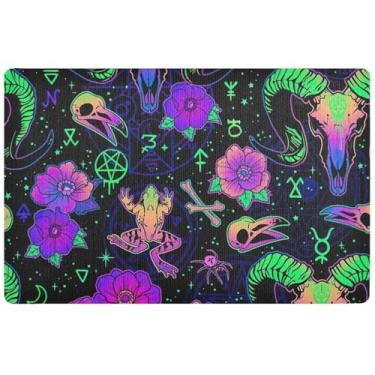 Imagem de TSENQUE Tapete de porta de animais com símbolos mágicos néon personalizado, tapete engraçado de Halloween, tapete de boas-vindas absorvente para entrada de casa 81 x 50 cm