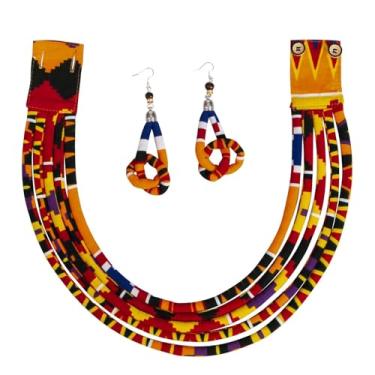 Imagem de BintaRealWax Conjunto de brincos de colar africano Ankara estampado em tecido multicamadas gargantilha com cordão em camadas, Algodão, tecido estampado