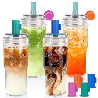 Imagem de ANOTION Copo de vidro Bamboo Mason de 680 g com canudo e tampa, 4 tampas coloridas, canudo de tampa rotativa à prova de vazamento, copo de café gelado reutilizável, frasco de pedreiro, presente de