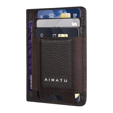Imagem de AIMATU Carteira fina RFID minimalista 100% couro genuíno bolso frontal porta-cartões para homens com janela de identificação e caixa de presente, Marrom liquei