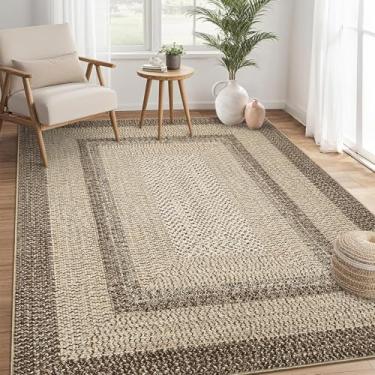 Imagem de RUGSREAL Tapete Boho 10 x 15 cm Lavável à Máquina Tapete com Estampa Trançada Tapete para Sala de Jantar Tapete com Base de Borracha Tapete Rústico para Sala de Estar Decoração de Casa, Camelo