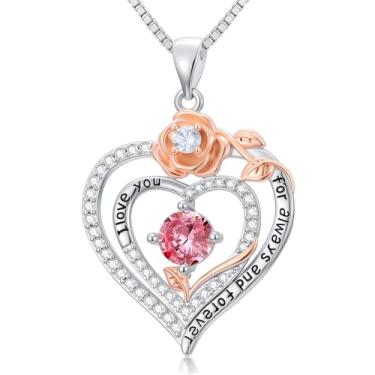 Imagem de WYDDO Colares de coração rosa para mulheres, mãe, pedra do mês de nascimento, pingente, aniversário, Natal, Dia dos Namorados, joias presentes para sua esposa, filha, mãe, One Size, Base, Pedra do mês