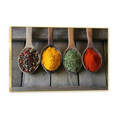 Imagem de Moldura dourada. Arte de parede em tela de especiarias coloridas e colher de tempero | Decoração de cozinha vintage | Arte moderna para casa e sala de jantar. C09. 40 x 60 cm - 15,8 x 23,7 pol