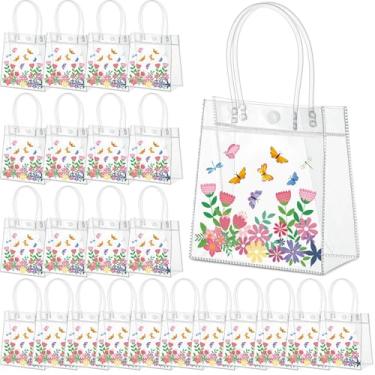 Imagem de Aliceset 24 sacos de presente de PVC transparente Happy Easter a granel com alça reutilizáveis para lembrancinhas de festa de doces de Páscoa para lanche e doces (flores silvestres 16 x 15 cm x 8 cm)
