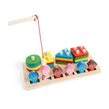 Imagem de Pimpolho Brinquedo de Madeira Montessori 2 em 1 Encaixe e Pesca Magnética, Multicolorido, 24 Peças, Educacional, 2 Anos e Acima