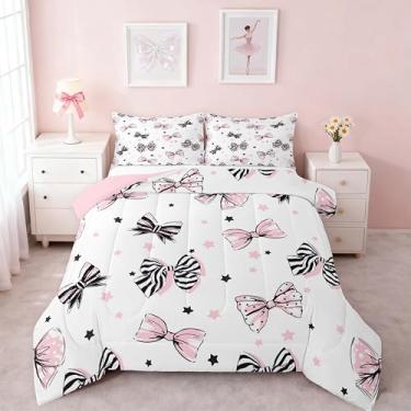 Imagem de Feelyou Jogo de cama solteiro com laço rosa e preto, para crianças, adolescentes, estilo princesa sonhadora, edredom para decoração de quarto, 2 peças com 1 fronha