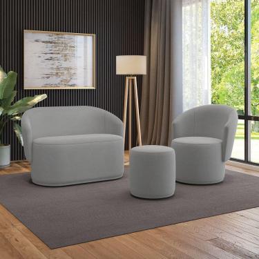 Imagem de Sofá Namoradeira Com Poltrona E Puff Orgânico Sala Malu Suede Cinza M11 - D`rossi