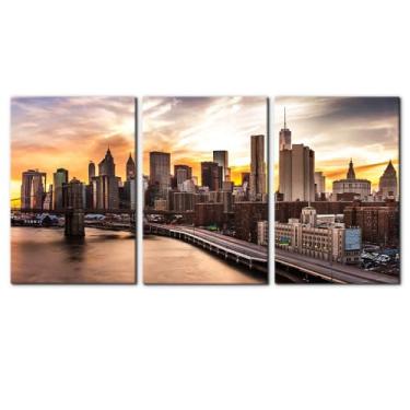 Imagem de Pacimo Arte de parede moderna New York Skyline Pictures Impressão em tela paisagem urbana vista noturna impressões arte moderna giclee galeria embrulhado esticado e emoldurado pronto para pendurar