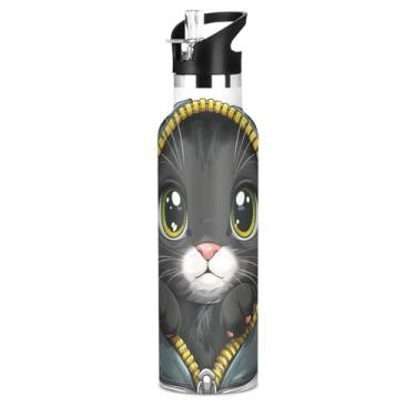 Imagem de Joisal Garrafa de água isolada para meninos para escola, gato fofo de desenho animado, 590 ml, livre de BPA, garrafa de água a vácuo de parede dupla de aço inoxidável copos de viagem para crianças com