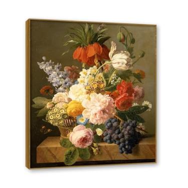 Imagem de NHLDZYH Moldura de madeira de teca. Flores clássicas natureza morta pintura em tela retro buquê de flores pinturas estilo country decoração de parede para cozinha e sala de estar. B25. 60 x 72 cm