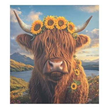 Imagem de CEBUGI Highland Cow Girassóis Lava-louças Capa Decorativa para Porta de Lava-Louças 58 x 66 cm Decalque de Painel de Geladeira para Decoração de Cozinha de Casa