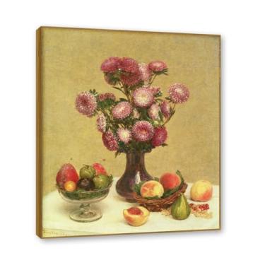 Imagem de Moldura de teca. Arte em tela floral country, pintura botânica vintage de natureza morta, decoração de parede de cozinha de fazenda emoldurada para sala de jantar. B44. 40 x 48 cm-15,7 x 18,9 pol