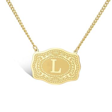 Imagem de VASSAGO Colar de fivela de cinto com letra inicial para mulheres e homens, pingente de pingente em relevo de aço inoxidável delicado joia personalizada presente, Adjustable, Aço inoxidável, Sem Pedra