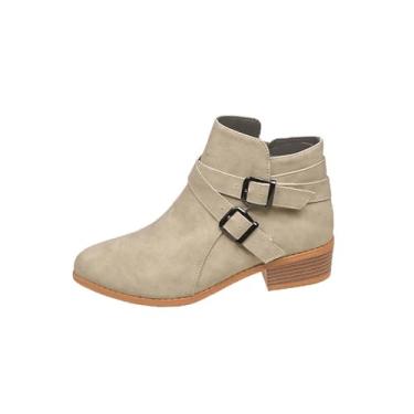 Imagem de Botas de cano curto femininas com zíper lateral e salto baixo grosso design de bico fino perfeito para estilo casual, Bege, 36