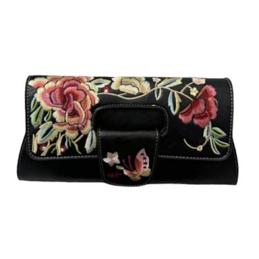 Imagem de IAMUHI Bolsa feminina vintage bordada para noite bolsa de mão de couro sintético com aba pequena bolsa bolsa de ombro, A - Preto, One Size