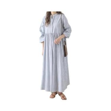 Imagem de Vestido Feminino Y2K Listrado De Manga Longa Com Decote Redondo E Caim