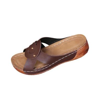 Imagem de Pantufas femininas casuais com salto grosso e bico fechado plataforma design de bico redondo para primavera, verão, uso ao ar livre e interno, Café, 36