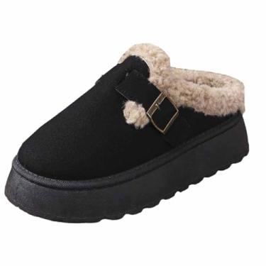 Imagem de Pantufas femininas aconchegantes para ambientes internos e externos, bico fechado, sola macia de pelúcia quente para casa, Preto, 35