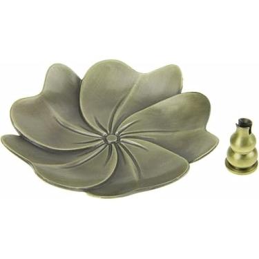 Imagem de Incensário Budista para Casa de Bronze Retrô Suporte Vela Incenso Liga com Prato Catcher Cinza Decoração em Forma Flor Sala Estar Quarto Yoga Chá
