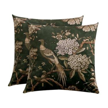 Imagem de StangH Capas de almofada florais para sala de estar 45 x 45 cm veludo pássaros estampa floral capa de almofada capa de almofada para sofá sofá poltrona, verde, conjunto de 2